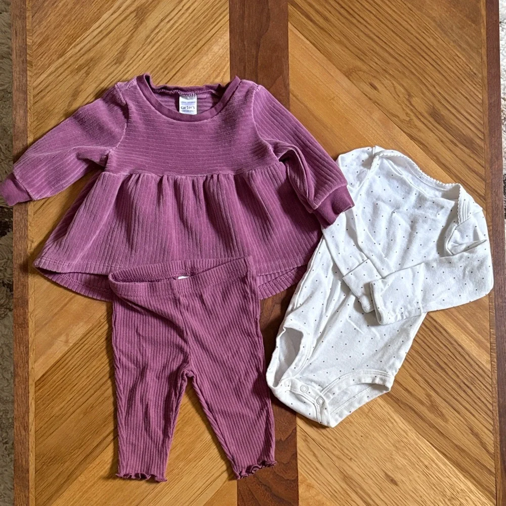 Carter's 0-3 Month Baby Girl Peplum Sweatshirt, Bodysuit & Leggings Set- Mauve